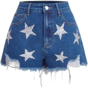image:imageFloerns Womens Y2k Denim Shorts Sparkly Star Ripped Raw Hem Club Jean ShortsDark Wash