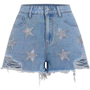 image:imageFloerns Womens Y2k Denim Shorts Sparkly Star Ripped Raw Hem Club Jean ShortsLight Wash