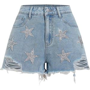image:imageFloerns Womens Y2k Denim Shorts Sparkly Star Ripped Raw Hem Club Jean ShortsMedium Wash