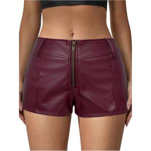 image:imageFloerns Womens Y2k Mini Shorts Zip Up Low Waist PU Leather Music Festival Hot PantsBurgundy