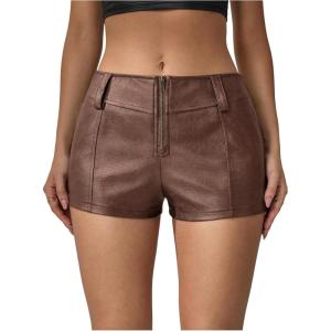 image:imageFloerns Womens Y2k Mini Shorts Zip Up Low Waist PU Leather Music Festival Hot PantsMocha Brown