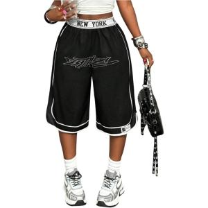 image:imageFloerns Womens Y2k Striped Track Shorts Elastic Waist Straight Leg Bermuda ShortsBlack