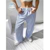 image:imageFloerns Womens Striped Elastic Waist Pants Straight Leg Casual Trousers with PocketWhite and Blue