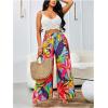 image:imageFloerns Womens Tropical Print High Elastic Waist Wide Leg Beach Palazzo PantsOrange Multi