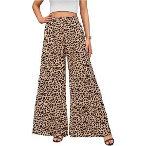 image:imageFloerns Womens Elastic High Waist Ruffle Wide Leg Pants Loose Beach Palazzo PantsBeige Leopard