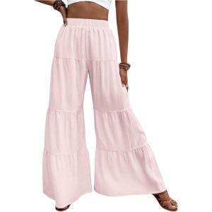 image:imageFloerns Womens Elastic High Waist Ruffle Wide Leg Pants Loose Beach Palazzo PantsLight Pink