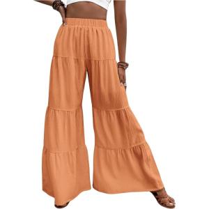 image:imageFloerns Womens Elastic High Waist Ruffle Wide Leg Pants Loose Beach Palazzo PantsOrange Solid