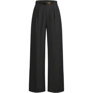 image:imageFloerns Womens Elegant Dressy Pants Mid Waist Pleated Straight Leg Office Work Trousers with BeltBlack