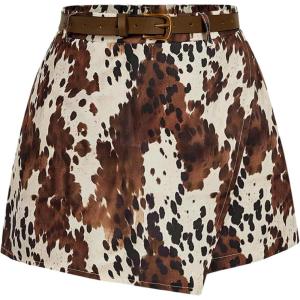 image:imageFloerns Womens Cow Print Mini Skort Wrap Asymmetric Hem Western Skirt Shorts with BeltKhaki