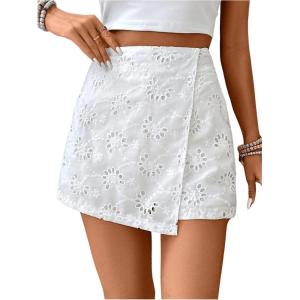 image:imageFloerns Womens Floral Eyelet Embroidery Wrap Skort Hollow Out High Waisted Summer Skirt ShortsWhite