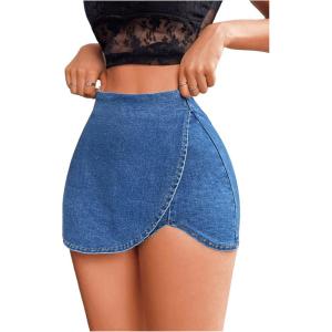 image:imageFloerns Womens High Waist Wrap Jean Mini Skorts Skinny Asymmetrical Denim Skirt ShortsBlue