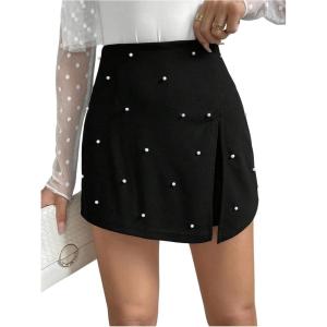 image:imageFloerns Womens Pearl Beaded Slit Skort Elastic High Waist Cocktail Party Dressy ShortsBlack