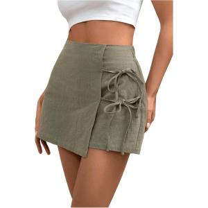 image:imageFloerns Womens Solid Wrap Front Linen Skirt Shorts Drawstring Knot Side Skort ShortsArmy Green