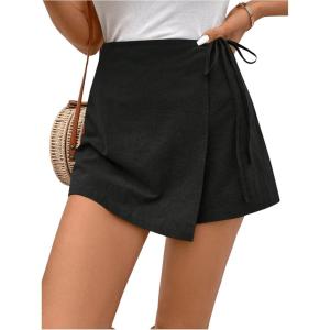 image:imageFloerns Womens Solid Wrap Front Linen Skirt Shorts Drawstring Knot Side Skort ShortsBlack