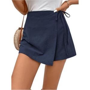 image:imageFloerns Womens Solid Wrap Front Linen Skirt Shorts Drawstring Knot Side Skort ShortsDark Blue