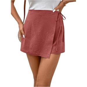 image:imageFloerns Womens Solid Wrap Front Linen Skirt Shorts Drawstring Knot Side Skort ShortsRedwood