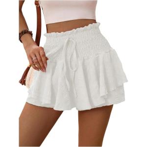 image:imageFloerns Womens Summer Mini Skorts Tie Front High Waist Smocked Ruffle Hem Cute Skirt ShortsWhite