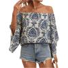 image:imageFloerns Womens Boho Off Shoulder 34 Bell Sleeve Summer Blouse TopBlue Grey Floral
