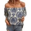 image:imageFloerns Womens Boho Off Shoulder 34 Bell Sleeve Summer Blouse TopBlue Grey Floral
