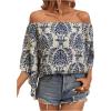 image:imageFloerns Womens Boho Off Shoulder 34 Bell Sleeve Summer Blouse TopBlue Grey Floral