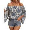 image:imageFloerns Womens Boho Off Shoulder 34 Bell Sleeve Summer Blouse TopBlue Grey Floral