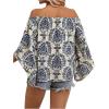 image:imageFloerns Womens Boho Off Shoulder 34 Bell Sleeve Summer Blouse TopBlue Grey Floral