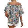 image:imageFloerns Womens Boho Off Shoulder 34 Bell Sleeve Summer Blouse TopGreen Paisley