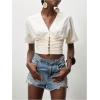 image:imageFloerns Womens Button Down Shirts V Neck Short Sleeve Ruched Casual Blouse Crop TopsApricot