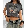 image:imageFloerns Womens Car Letter Graphic Print Cap Sleeve Round Neck T Shirt Crop TopsGrey