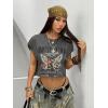 image:imageFloerns Womens Car Letter Graphic Print Cap Sleeve Round Neck T Shirt Crop TopsGrey