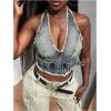 image:imageFloerns Womens Distressed Denim Halter Top Backless Zip Up Retro Crop Jean TopsBlue