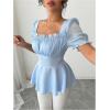 image:imageFloerns Womens Elegant Blouse Tops Puff Sleeve Ruched Bust Ruffle Dressy Casual Peplum TopLight Blue