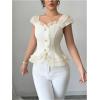 image:imageFloerns Womens Elegant Mesh Puff Sleeve Button Down Shirt Frill Trim Dressy Casual BlousesApricot