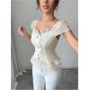 image:imageFloerns Womens Elegant Mesh Puff Sleeve Button Down Shirt Frill Trim Dressy Casual BlousesApricot