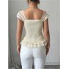 image:imageFloerns Womens Elegant Mesh Puff Sleeve Button Down Shirt Frill Trim Dressy Casual BlousesApricot