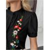 image:imageFloerns Womens Floral Embroidery Button Down Shirts Puff Sleeve Dressy Casual Blouse TopBlack