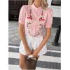 image:imageFloerns Womens Floral Embroidery Button Down Shirts Puff Sleeve Dressy Casual Blouse TopLight Pink