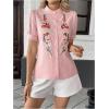 image:imageFloerns Womens Floral Embroidery Button Down Shirts Puff Sleeve Dressy Casual Blouse TopLight Pink