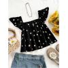 image:imageFloerns Womens Printed Square Neck Crop Tops Cap Sleeve Ruffle Hem Summer BlouseBlack