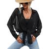 image:imageFloerns Womens Sheer Drop Shoulder Blouse Long Sleeve Collar Button Loose Shirts TopsA Black