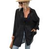 image:imageFloerns Womens Sheer Drop Shoulder Blouse Long Sleeve Collar Button Loose Shirts TopsA Black