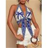 image:imageFloerns Womens Summer Floral Halter Tops Tie Front Backless Beach Vacation Crop TopsRoyal Blue and White