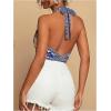 image:imageFloerns Womens Summer Floral Halter Tops Tie Front Backless Beach Vacation Crop TopsRoyal Blue and White