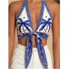 image:imageFloerns Womens Summer Floral Halter Tops Tie Front Backless Beach Vacation Crop TopsRoyal Blue and White