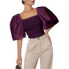 image:imageFloerns Womens Square Neck Puff Short Sleeve Elegant Blouse Crop TopRed Violet