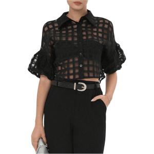image:imageFloerns Womens Button Down Sheer Mesh Short Sleeve Collared Neck Crop Blouse ShirtsBlack