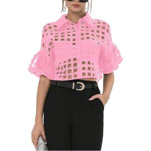 image:imageFloerns Womens Button Down Sheer Mesh Short Sleeve Collared Neck Crop Blouse ShirtsPink