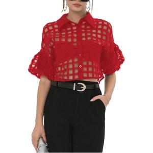 image:imageFloerns Womens Button Down Sheer Mesh Short Sleeve Collared Neck Crop Blouse ShirtsRed