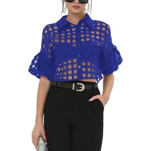 image:imageFloerns Womens Button Down Sheer Mesh Short Sleeve Collared Neck Crop Blouse ShirtsRoyal Blue
