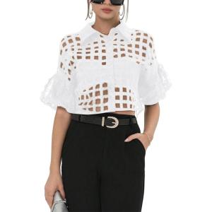 image:imageFloerns Womens Button Down Sheer Mesh Short Sleeve Collared Neck Crop Blouse ShirtsSolid White